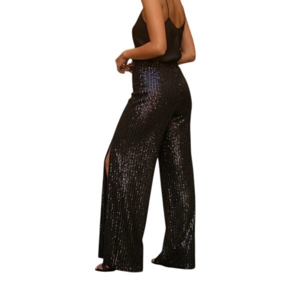 Sequin Wide Leg Pants Small Altard State Party Festival Sparkly Black side zip